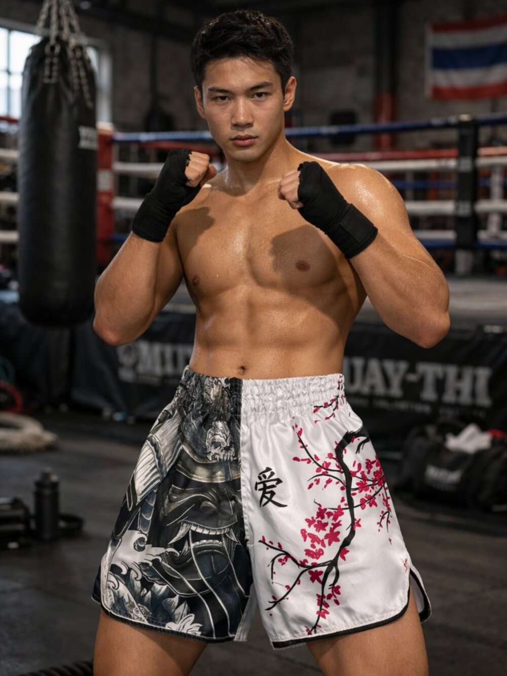 Muay Thai Shorts Cherry Blossom Samurai Graphic Boxing Medium Athletic MMA Gym